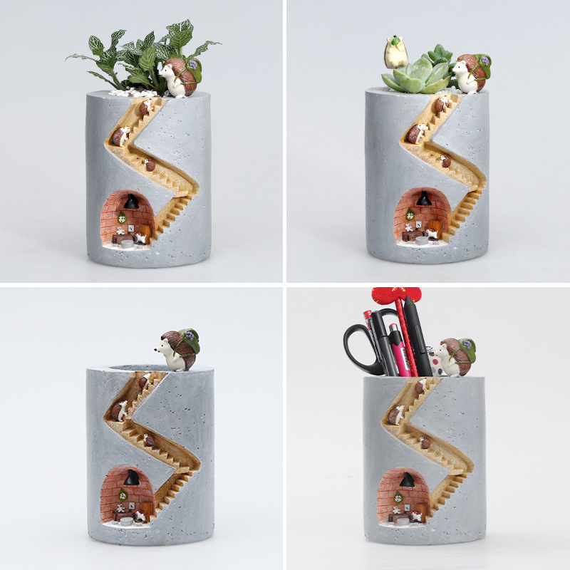 Maceta decorativa con escalera y miniaturas de erizo y conejo para plantas