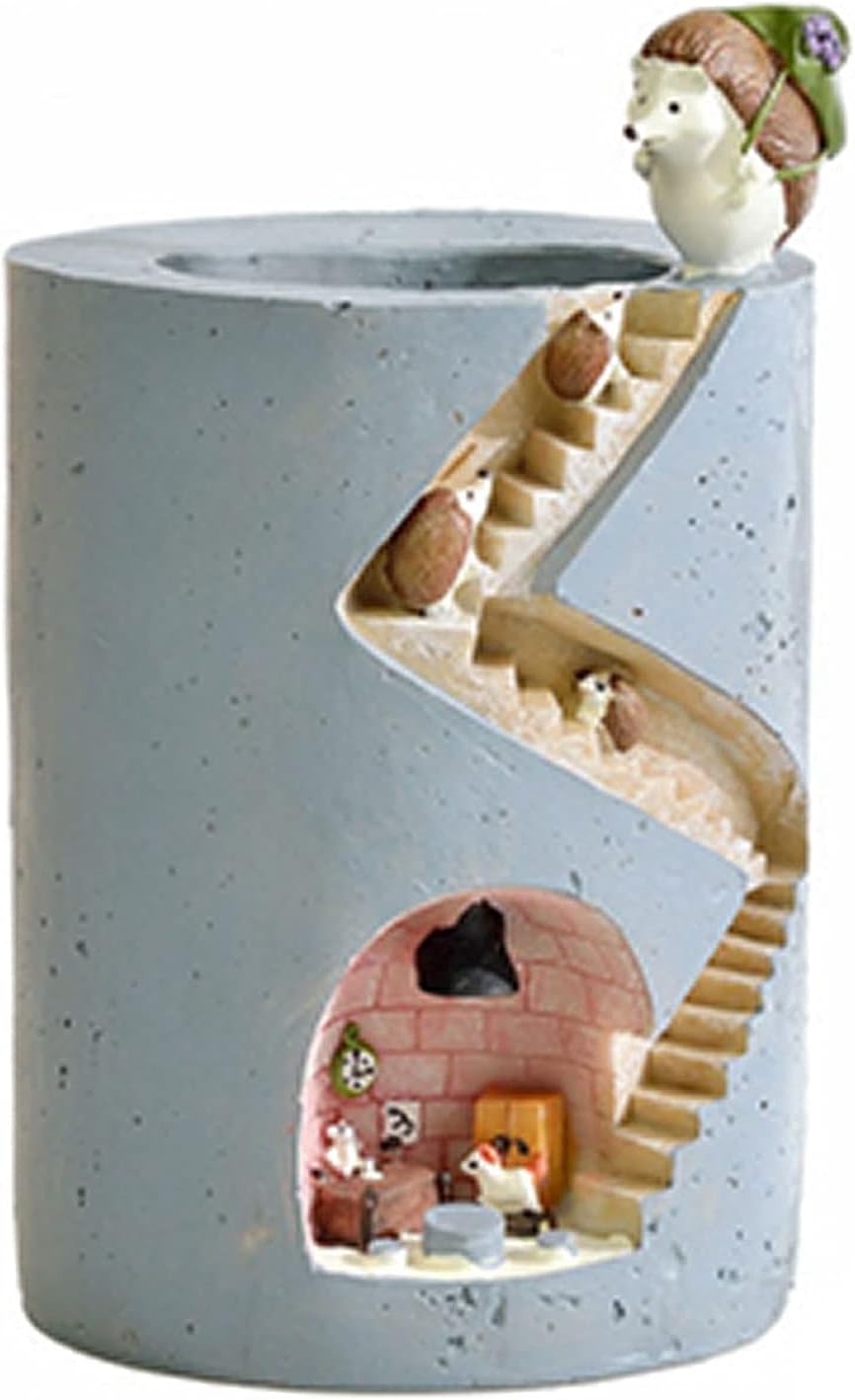 Maceta decorativa con escalera y miniaturas de erizo y conejo para plantas