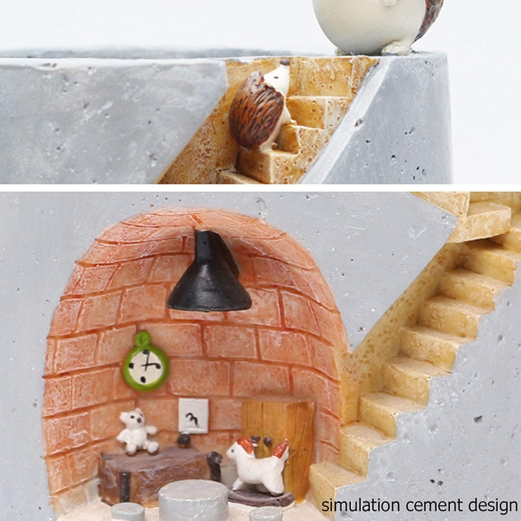 Maceta decorativa con escalera y miniaturas de erizo y conejo para plantas