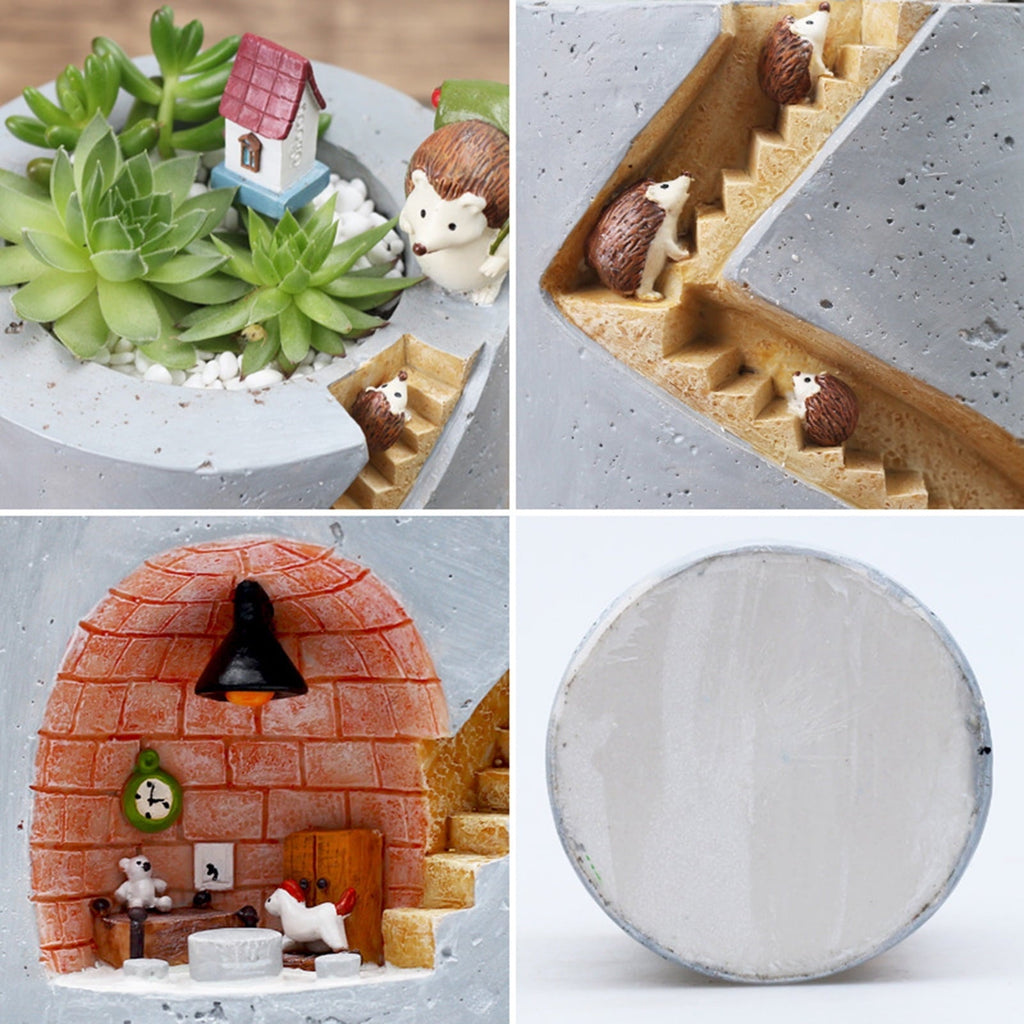 Maceta decorativa con escalera y miniaturas de erizo y conejo para plantas