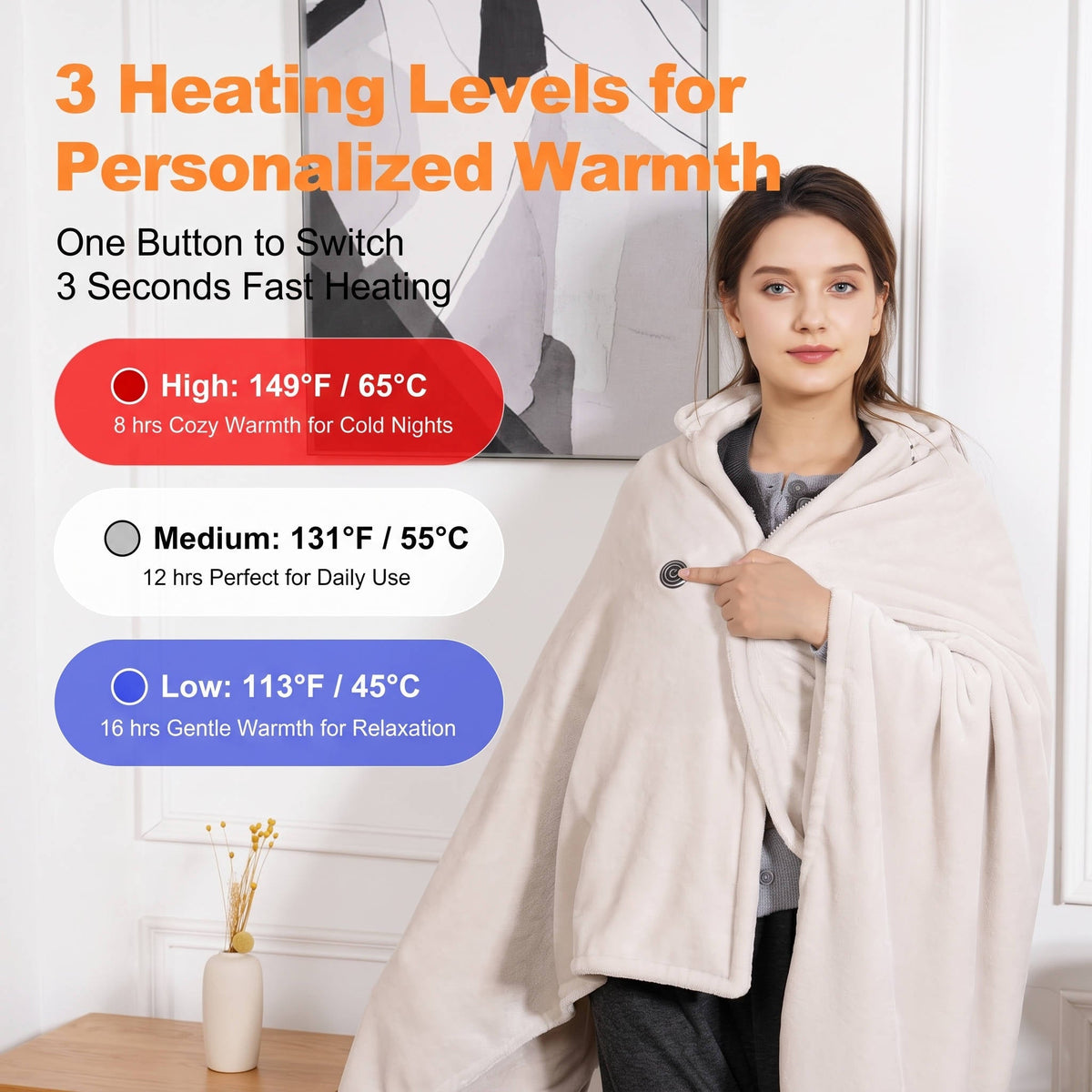 Manta térmica inalámbrica con capucha, manta calefactable recargable con 9 zonas de calor y 3 niveles de temperatura par