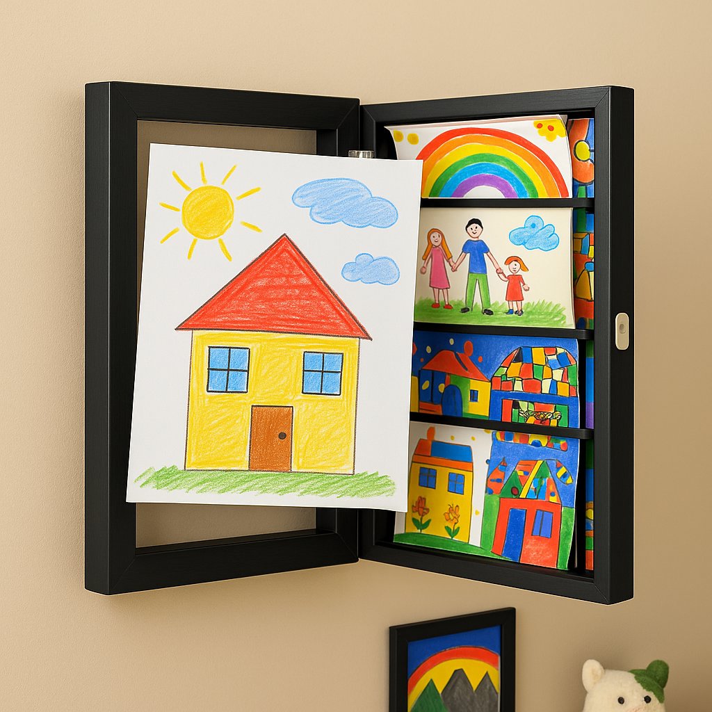 Marco cambiable de madera para dibujos infantiles A4 / A3 – Almacenamiento para 150 dibujos, 6 colores