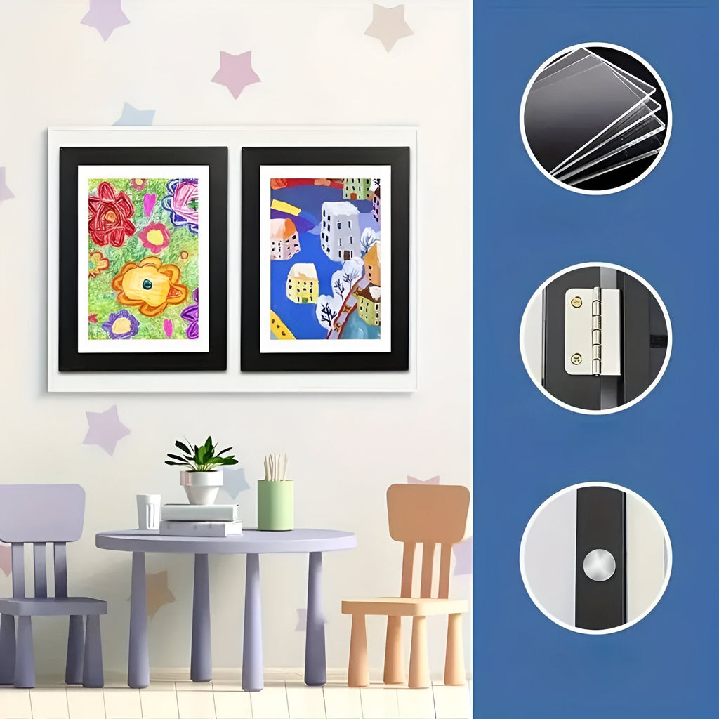 Marco cambiable de madera para dibujos infantiles A4 / A3 – Almacenamiento para 150 dibujos, 6 colores