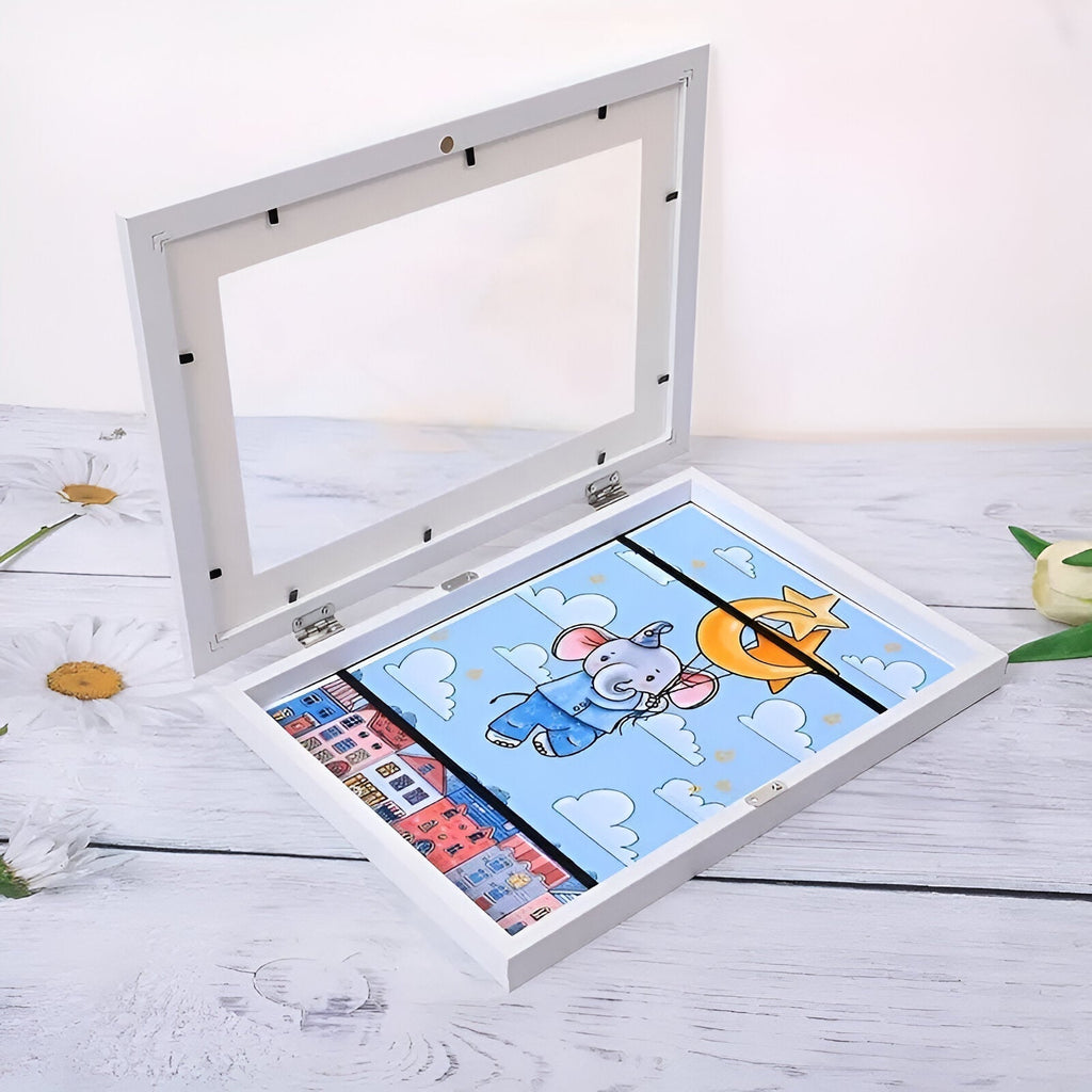 Marco cambiable de madera para dibujos infantiles A4 / A3 – Almacenamiento para 150 dibujos, 6 colores