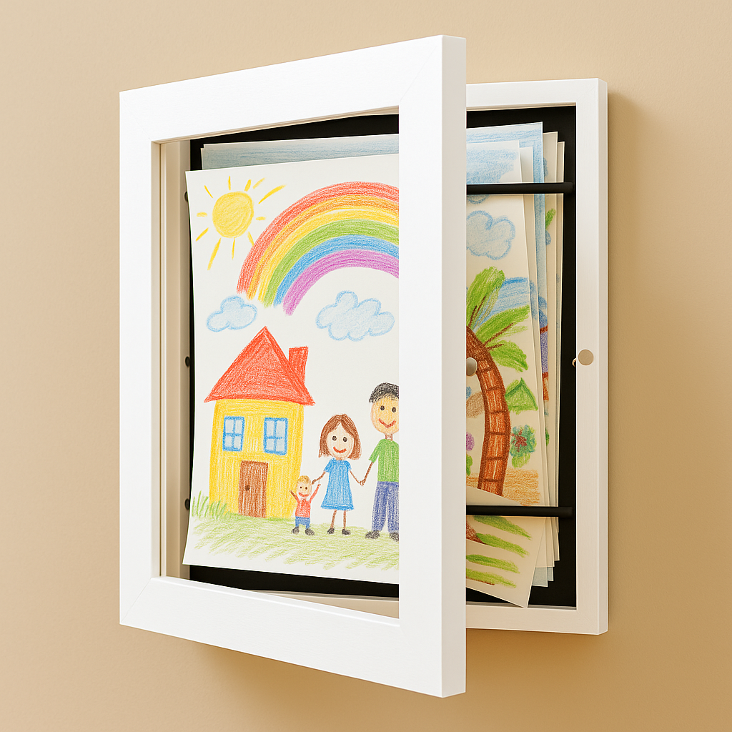 Marco cambiable de madera para dibujos infantiles A4 / A3 – Almacenamiento para 150 dibujos, 6 colores