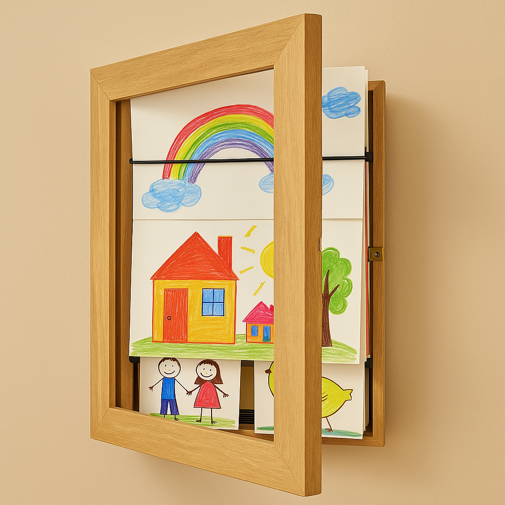 Marco cambiable de madera para dibujos infantiles A4 / A3 – Almacenamiento para 150 dibujos, 6 colores