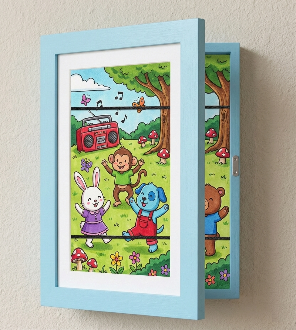 Marco cambiable de madera para dibujos infantiles A4 / A3 – Almacenamiento para 150 dibujos, 6 colores