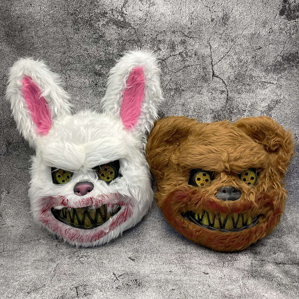 Máscara de conejo o de oso terrorífico para Halloween en pelo sintético con dientes ensangrentados, 4 diseños y sets de 