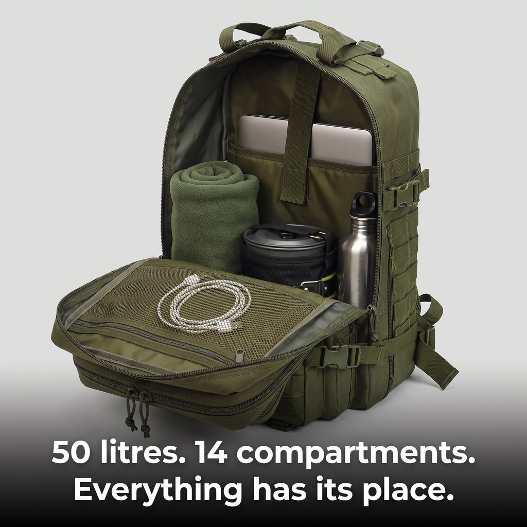 Mochila táctica de 49 litros con sistema MOLLE para senderismo y uso militar