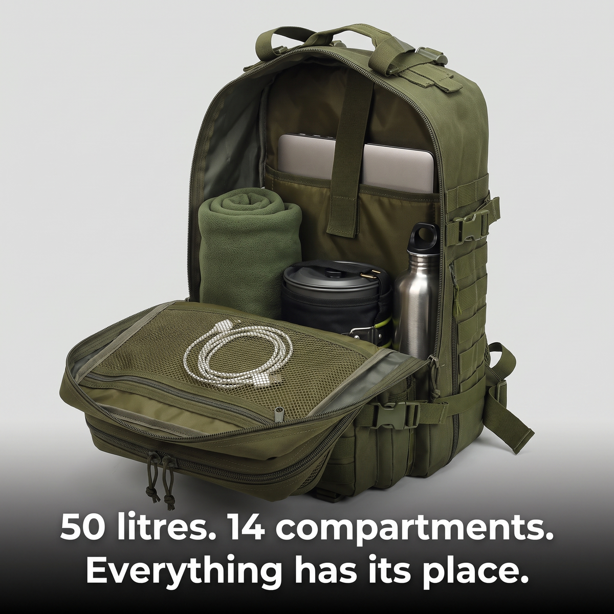 Mochila táctica de 49 litros con sistema MOLLE para senderismo y uso militar