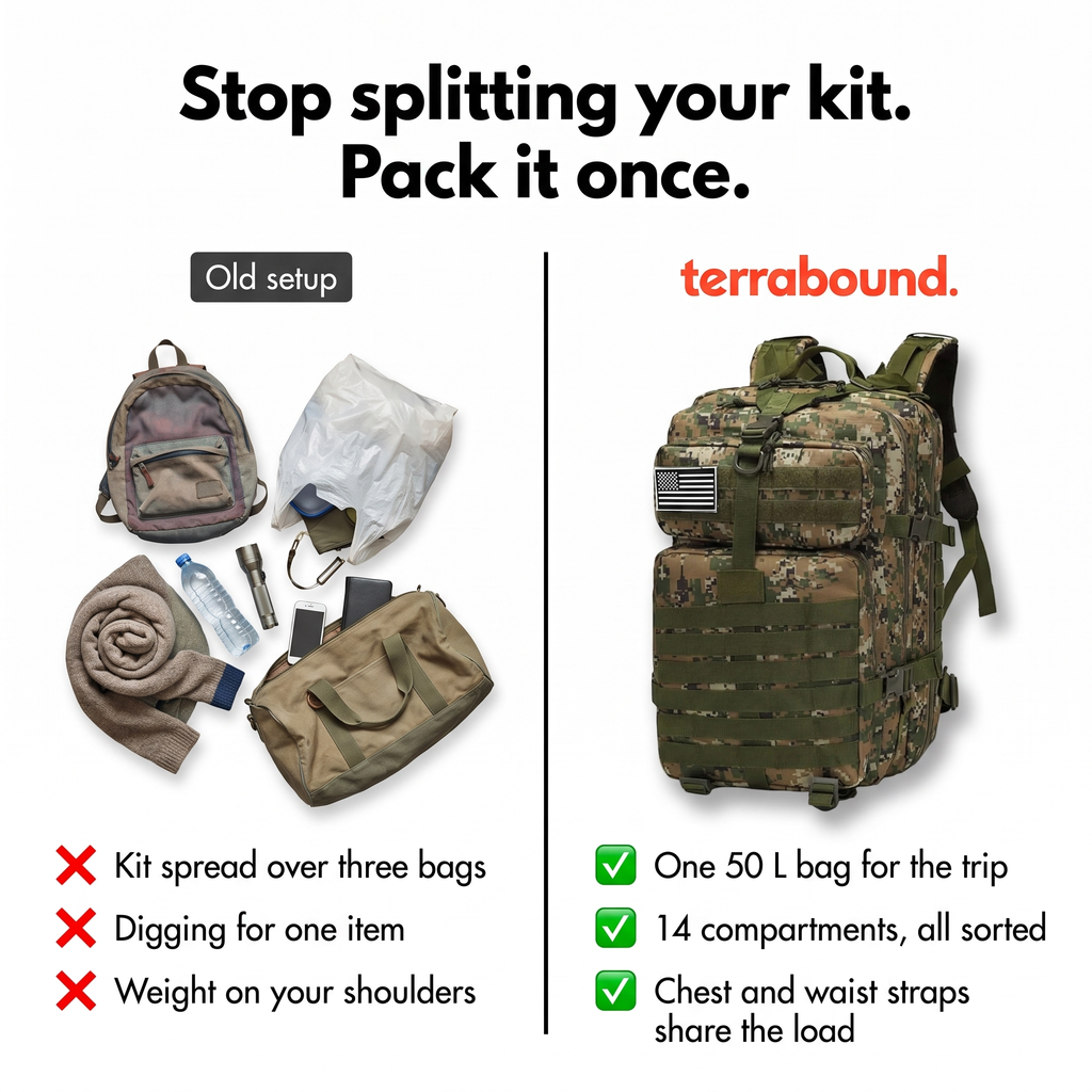 Mochila táctica de 49 litros con sistema MOLLE para senderismo y uso militar