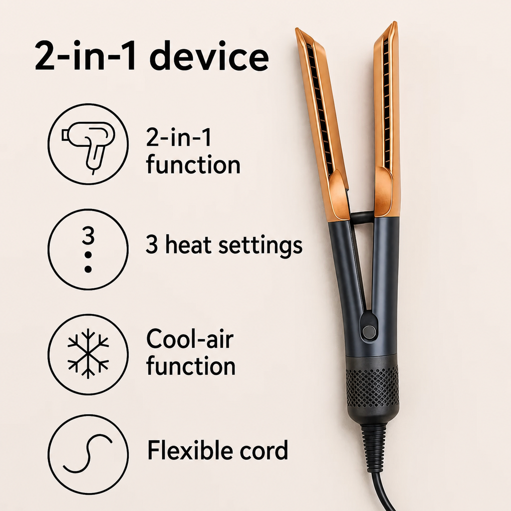 Moldeador de pelo 2 en 1 secador y plancha | 1400-1600 W, 3 niveles de temperatura | Función de aire frío para un cabell