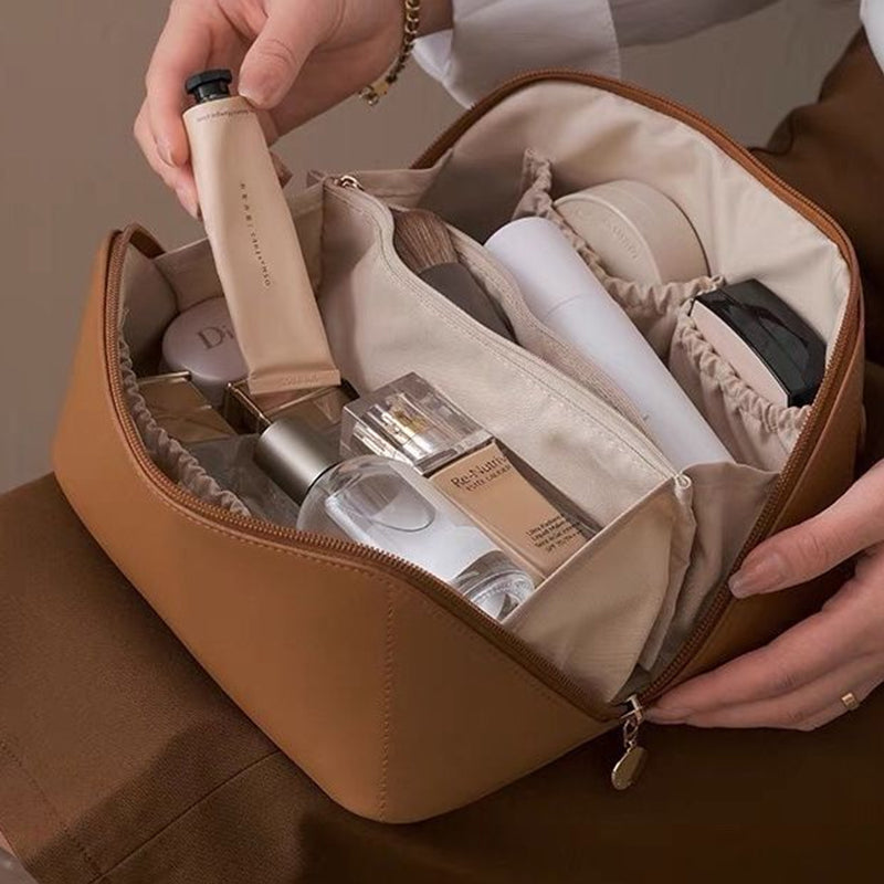 Neceser de viaje de doble capa con gran capacidad y piel sintética resistente al agua