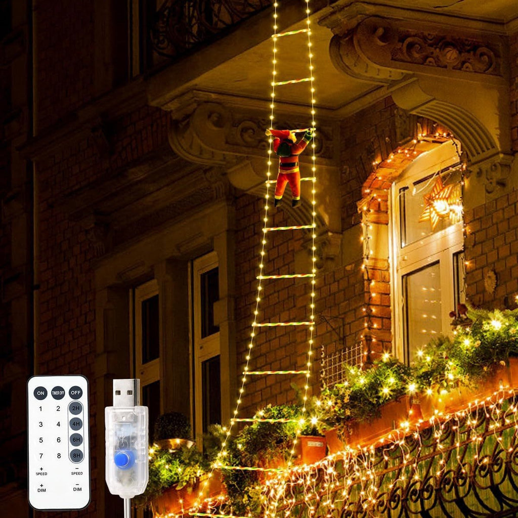 Papá Noel escalando escalera con luces LED para exterior