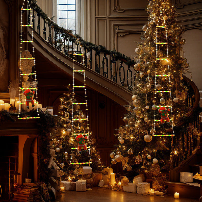 Papá Noel escalando escalera con luces LED para exterior