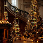 Papá Noel escalando escalera con luces LED para exterior
