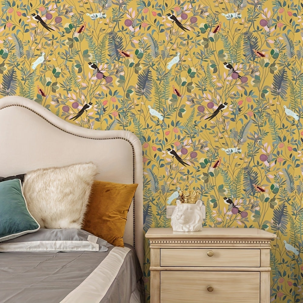 Papel pintado autoadhesivo pájaros y hojas sobre fondo dorado
