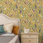 Papel pintado autoadhesivo pájaros y hojas sobre fondo dorado