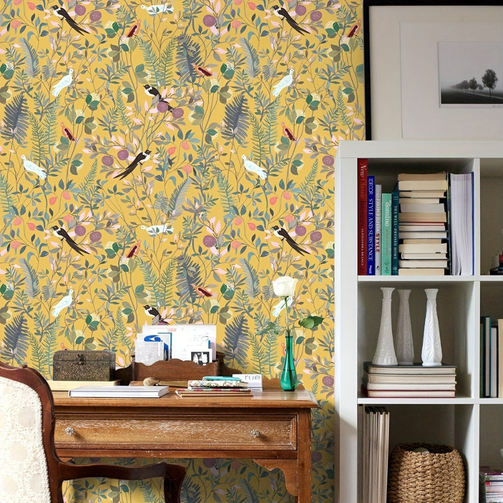 Papel pintado autoadhesivo pájaros y hojas sobre fondo dorado