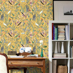 Papel pintado autoadhesivo pájaros y hojas sobre fondo dorado