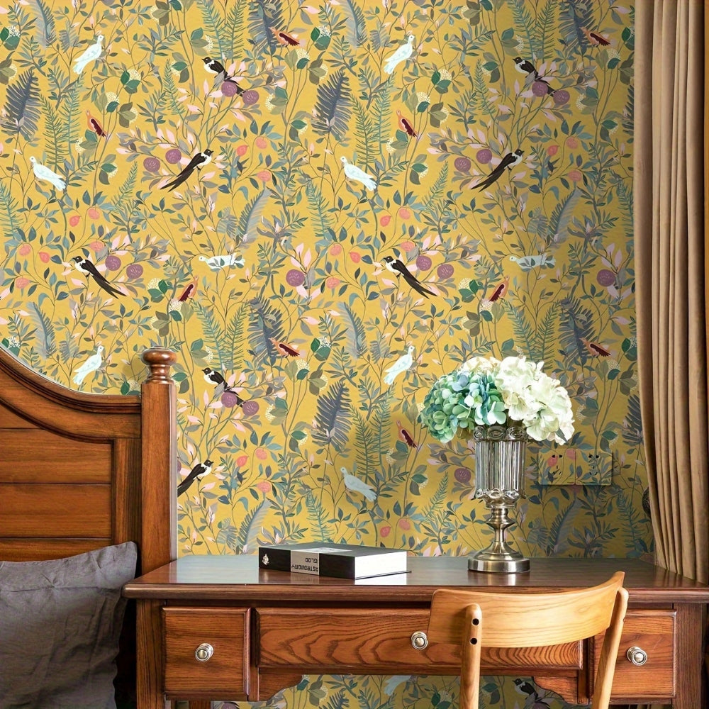 Papel pintado autoadhesivo pájaros y hojas sobre fondo dorado