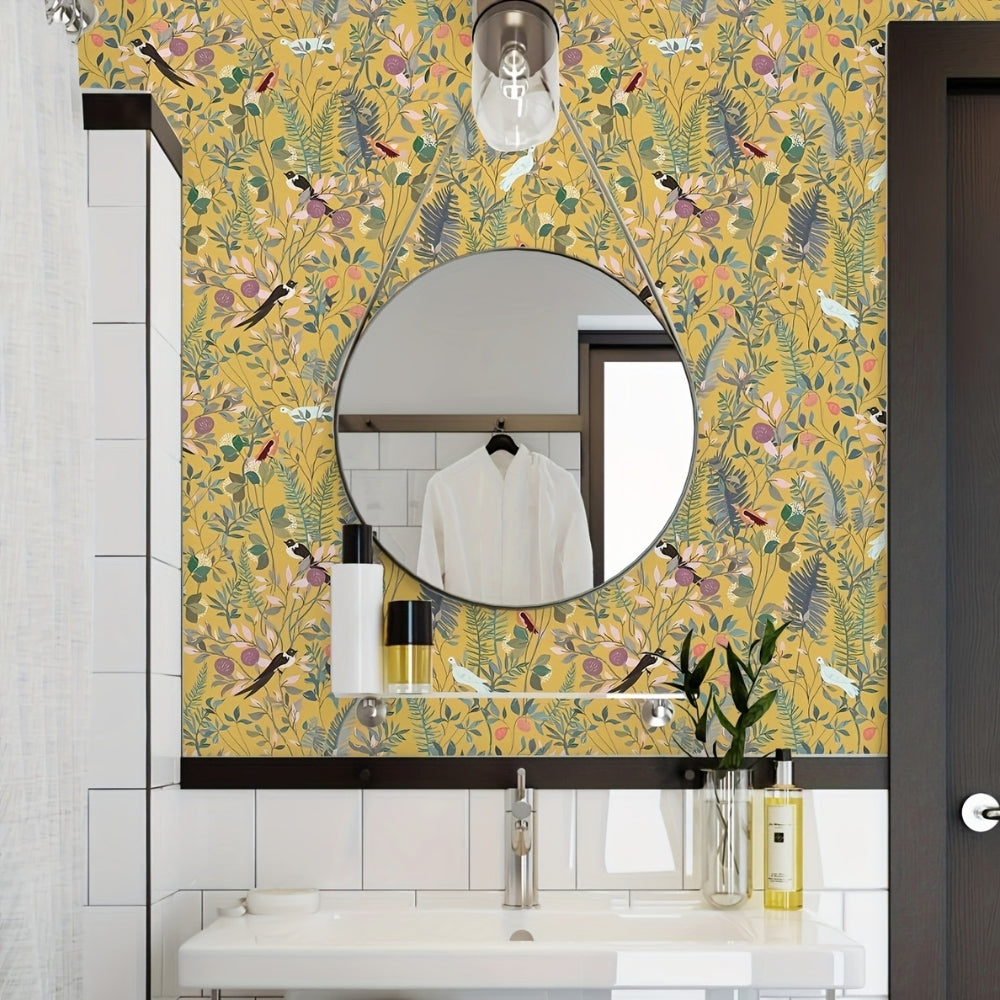 Papel pintado autoadhesivo pájaros y hojas sobre fondo dorado