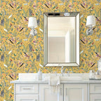 Papel pintado autoadhesivo pájaros y hojas sobre fondo dorado
