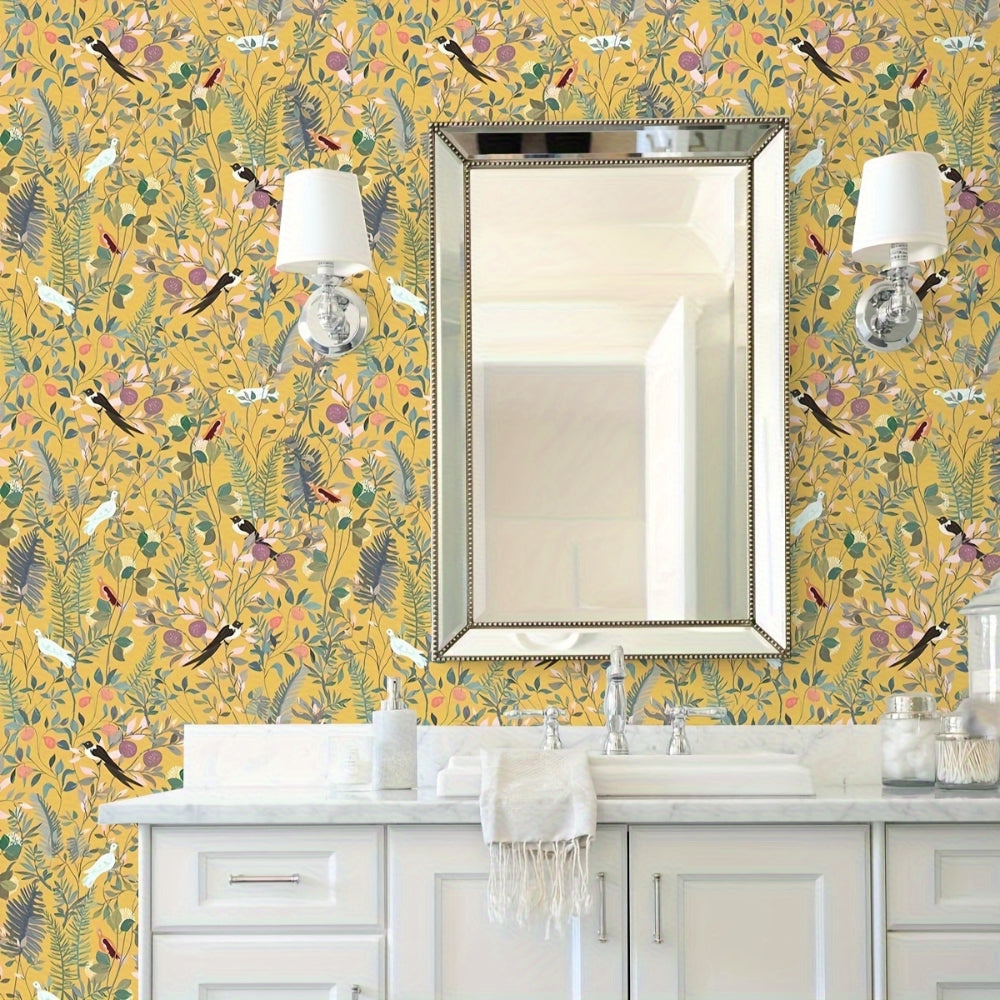 Papel pintado autoadhesivo pájaros y hojas sobre fondo dorado