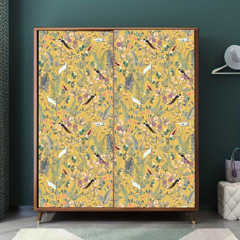 Papel pintado autoadhesivo pájaros y hojas sobre fondo dorado