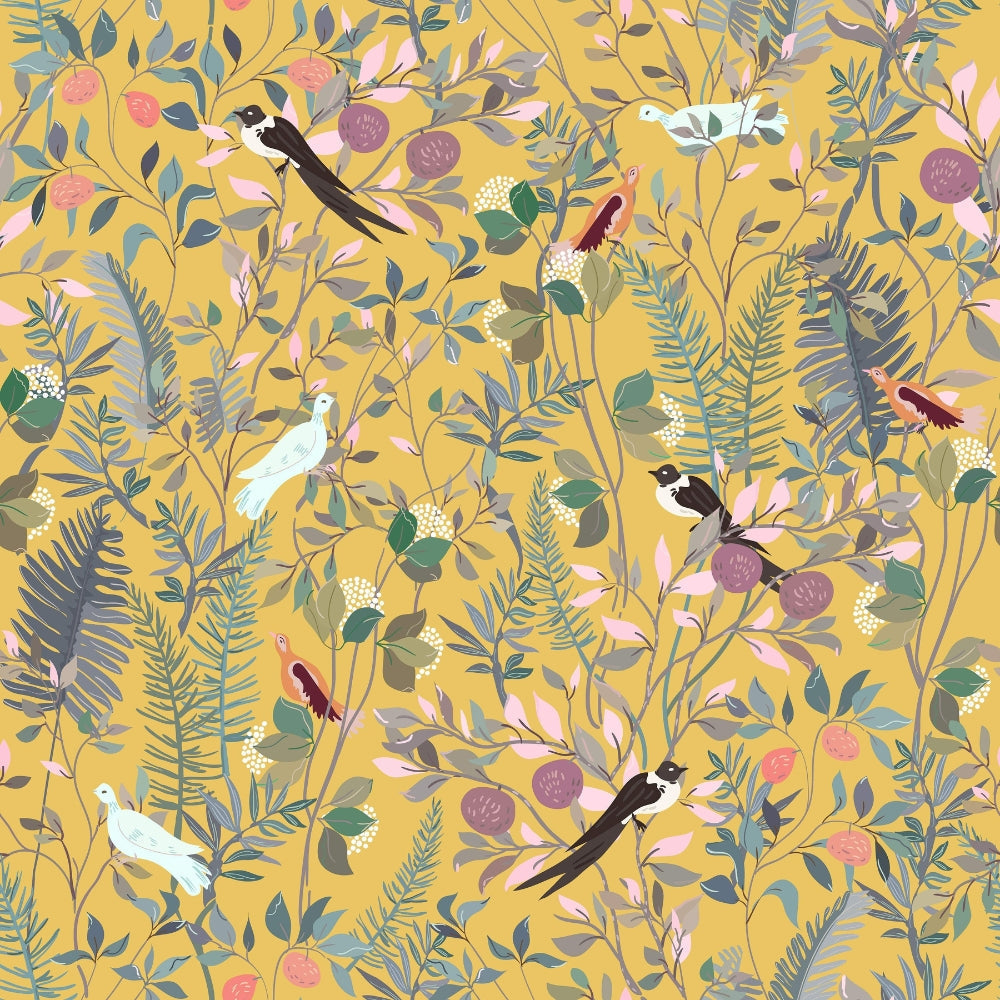 Papel pintado autoadhesivo pájaros y hojas sobre fondo dorado