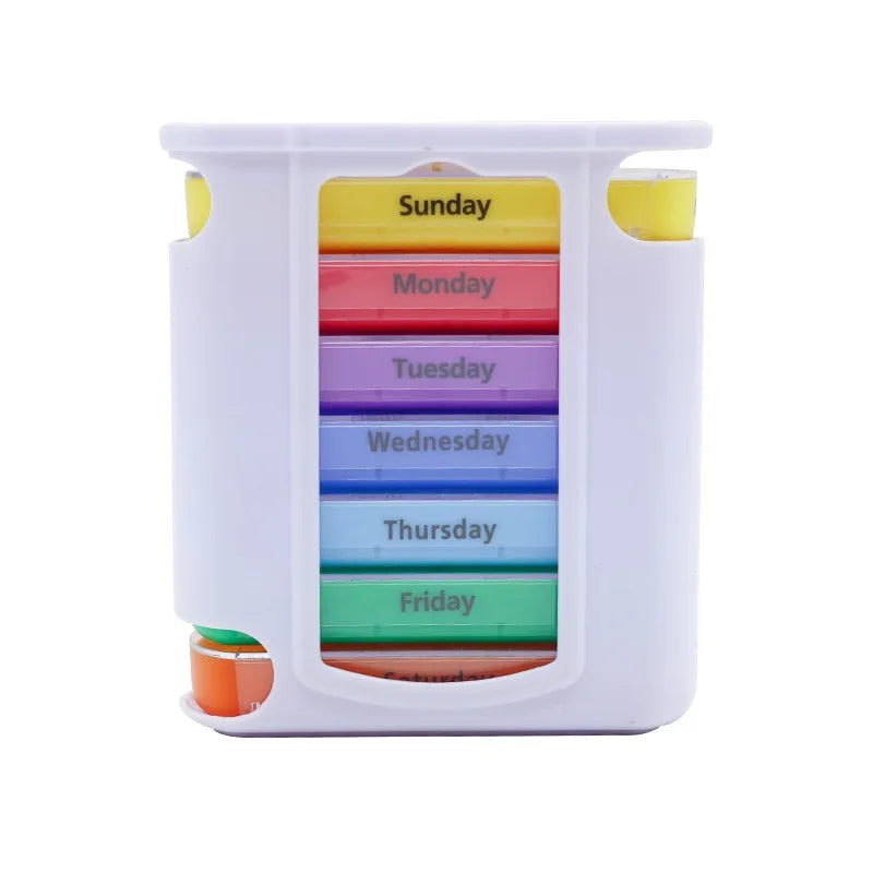 Pastillero semanal MediPlan con 28 compartimentos extraíbles y codificados por color