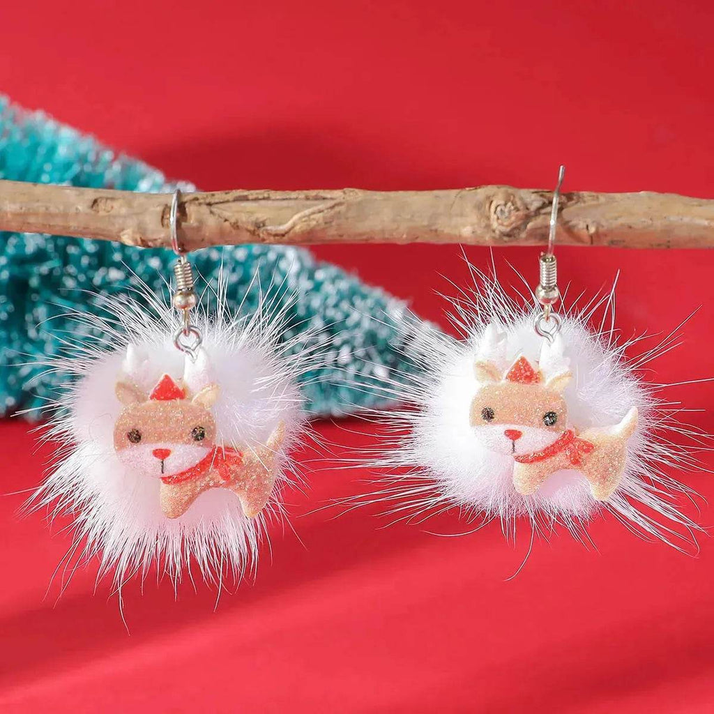 Pendientes navideños con pompón de pelo y motivos de copo de nieve, reno y Papá Noel