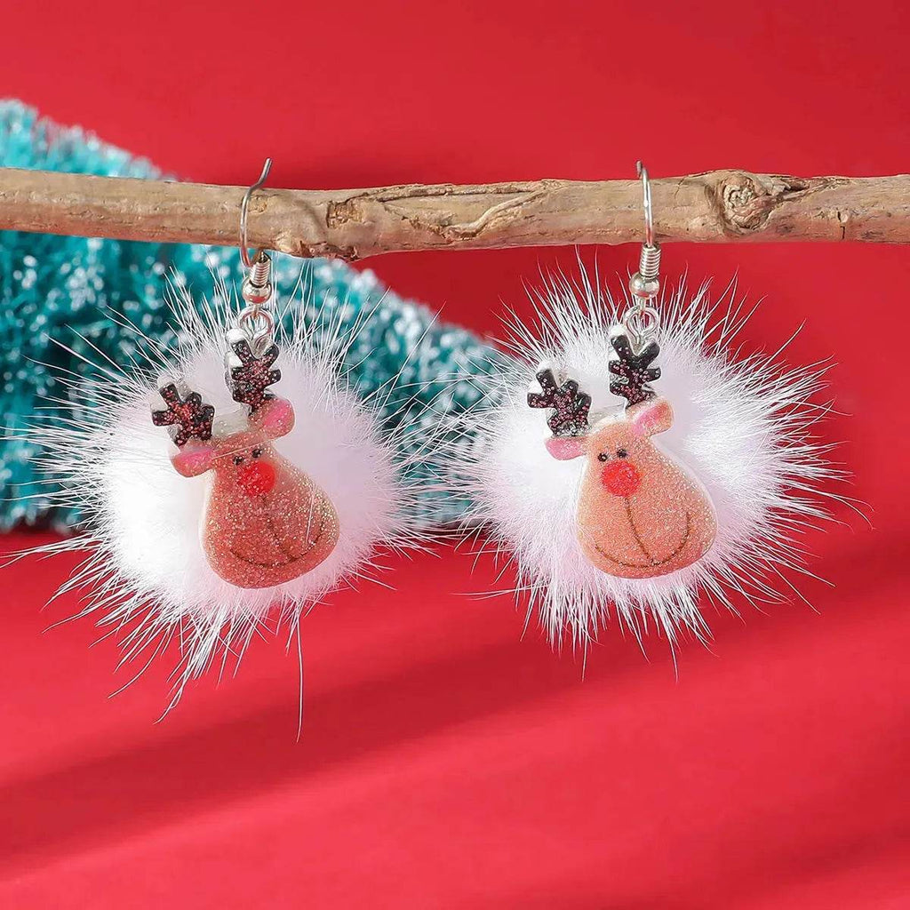Pendientes navideños con pompón de pelo y motivos de copo de nieve, reno y Papá Noel