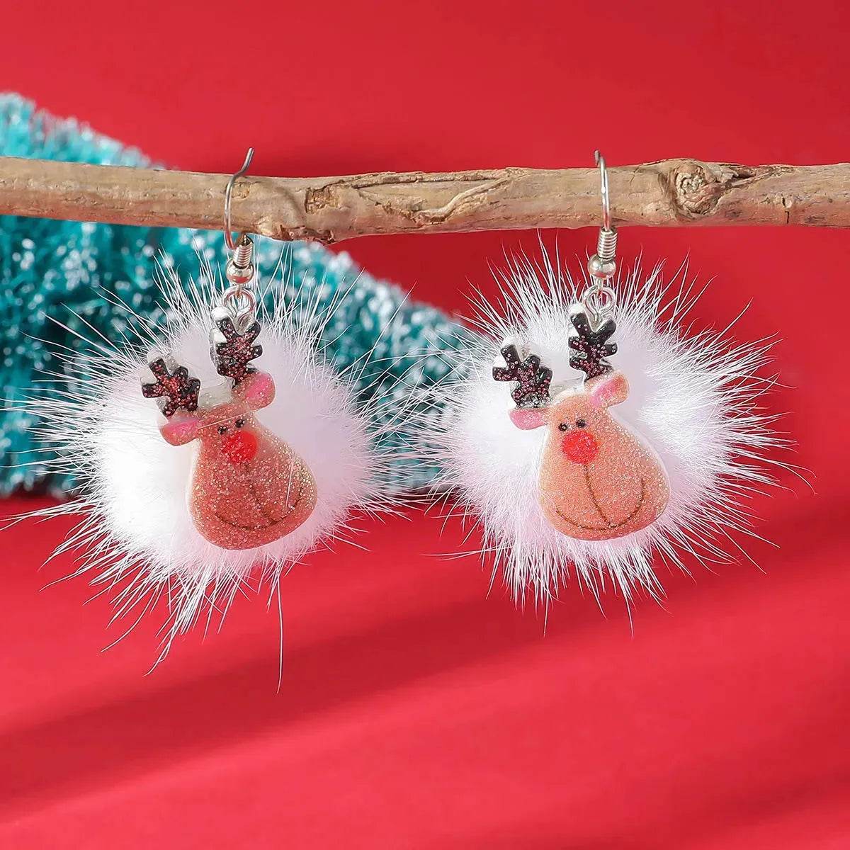 Pendientes navideños con pompón de pelo y motivos de copo de nieve, reno y Papá Noel