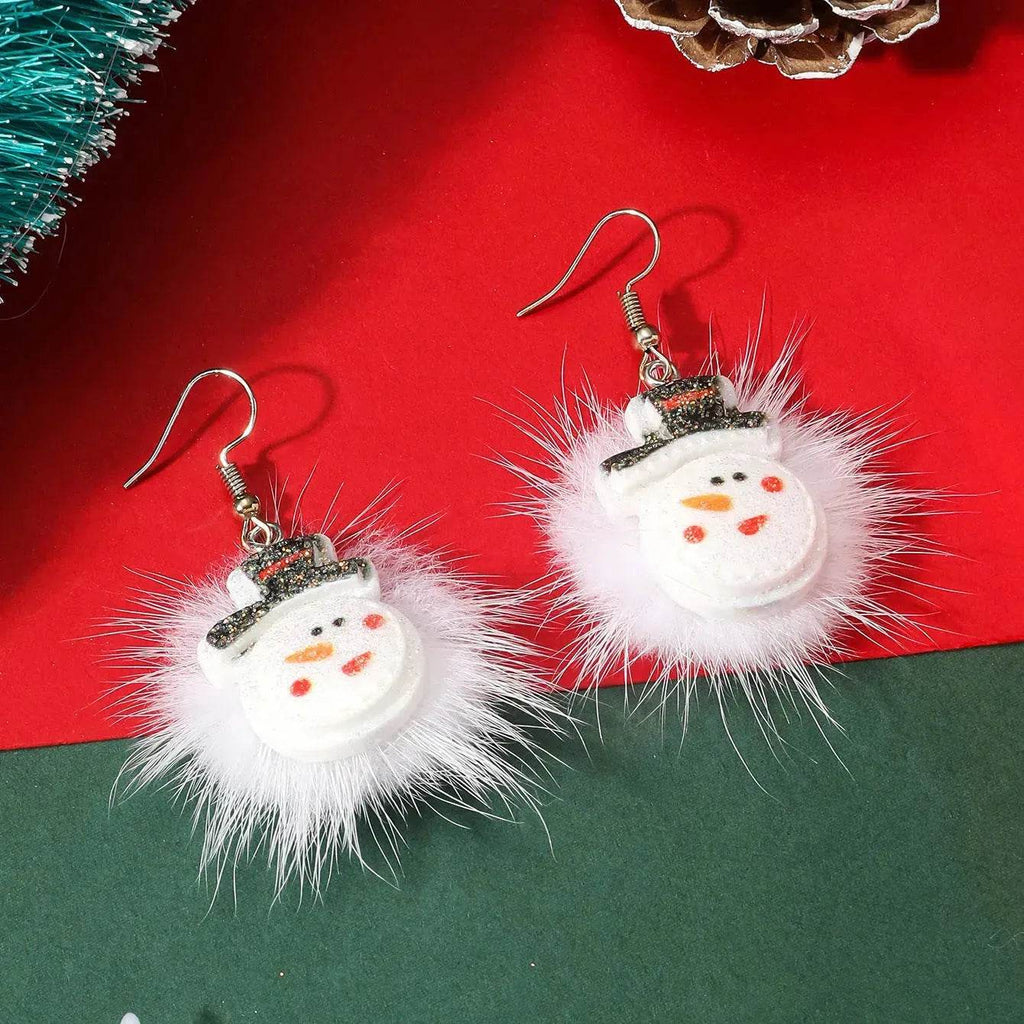 Pendientes navideños con pompón de pelo y motivos de copo de nieve, reno y Papá Noel