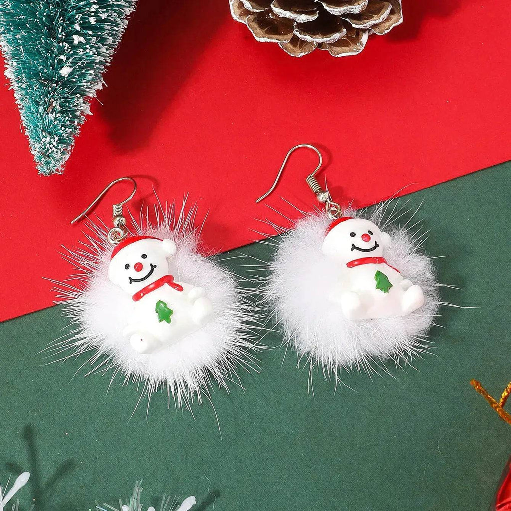 Pendientes navideños con pompón de pelo y motivos de copo de nieve, reno y Papá Noel