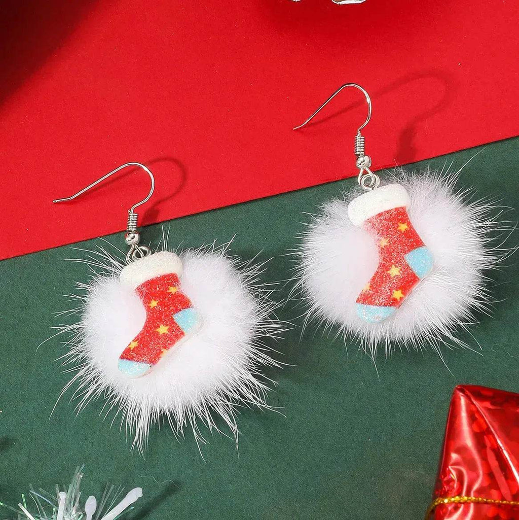 Pendientes navideños con pompón de pelo y motivos de copo de nieve, reno y Papá Noel