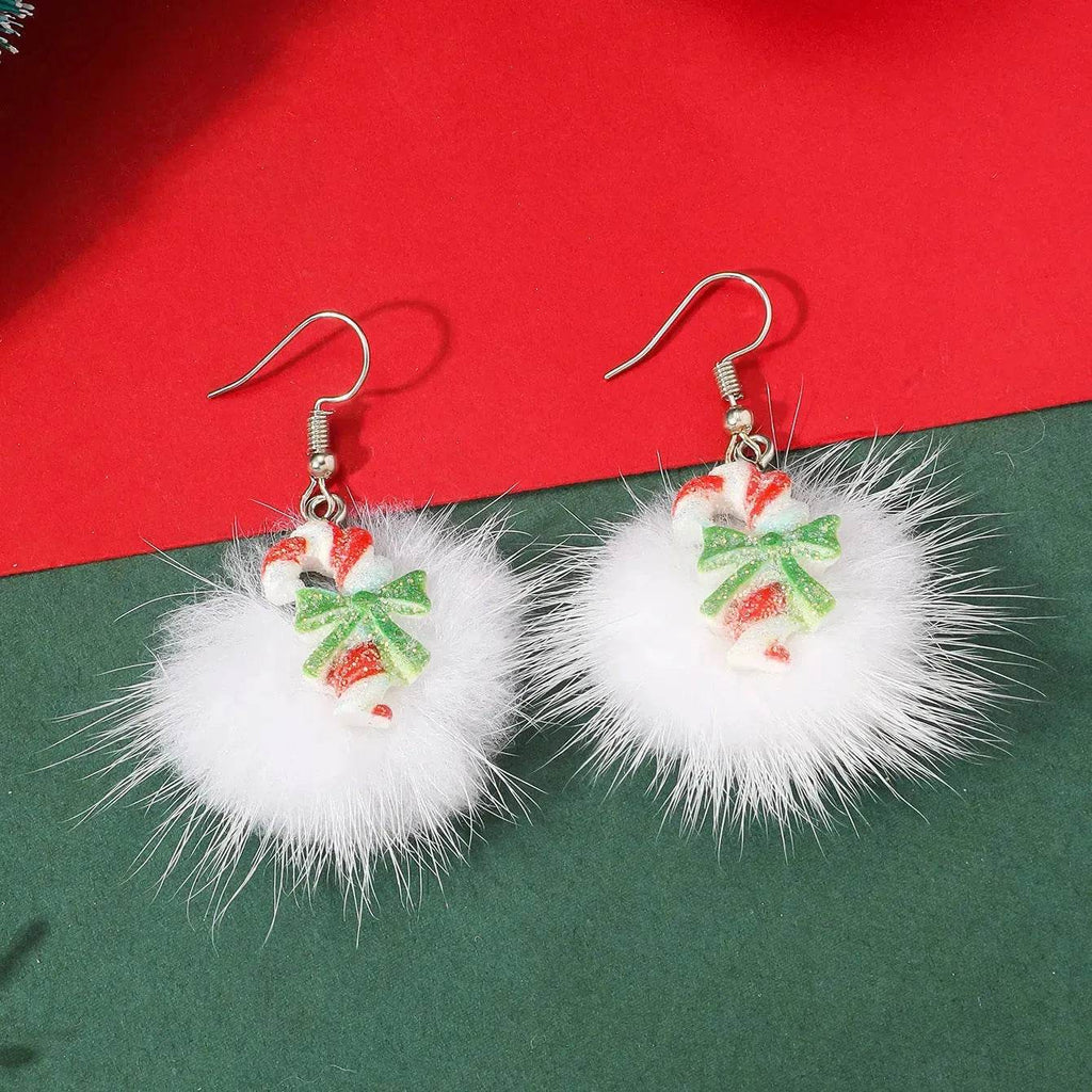Pendientes navideños con pompón de pelo y motivos de copo de nieve, reno y Papá Noel