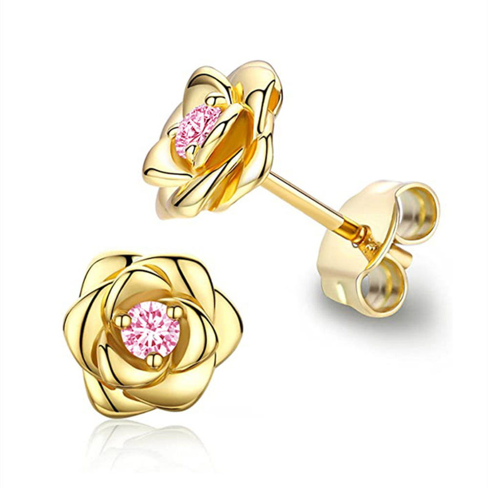 Pendientes de tuerca con flor y piedra de nacimiento en tono dorado