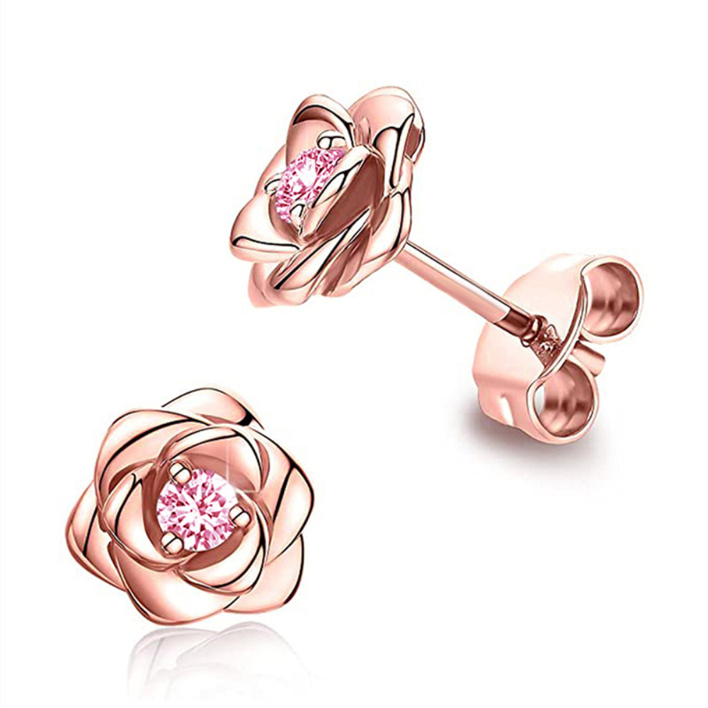 Pendientes de tuerca con flor y piedra de nacimiento en tono dorado