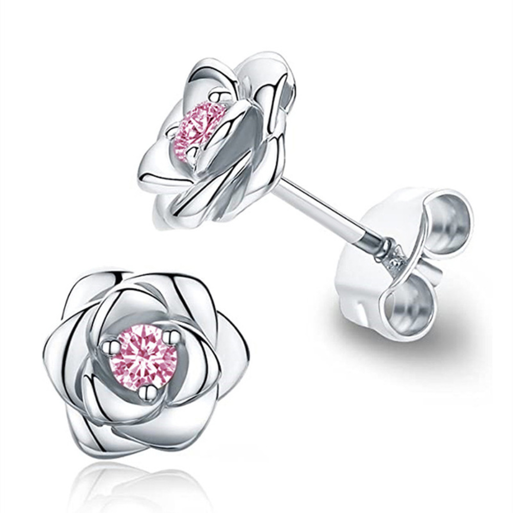Pendientes de tuerca con flor y piedra de nacimiento en tono dorado