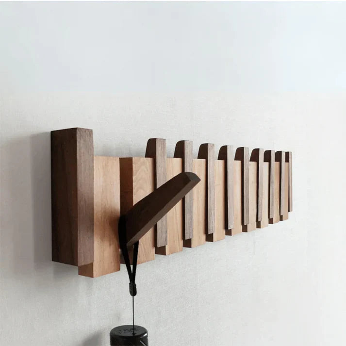 Perchero de pared de madera con ganchos abatibles diseño teclas de piano, nogal o haya, con 4, 6 u 8 ganchos