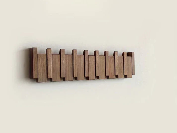Perchero de pared de madera con ganchos abatibles diseño teclas de piano, nogal o haya, con 4, 6 u 8 ganchos