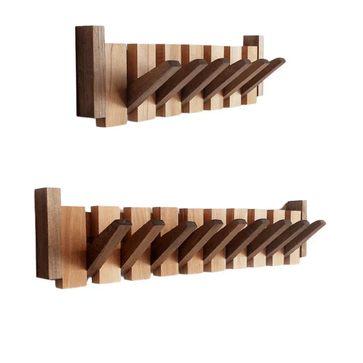 Perchero de pared de madera con ganchos abatibles diseño teclas de piano, nogal o haya, con 4, 6 u 8 ganchos