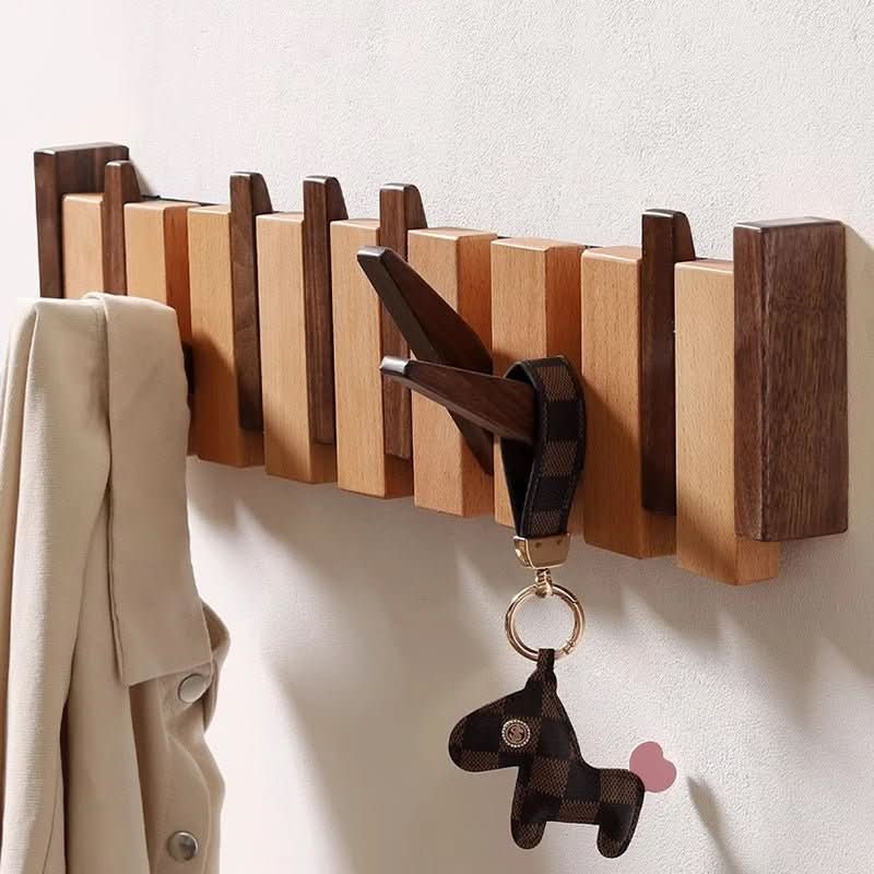 Perchero de pared de madera de nogal y haya con ganchos abatibles estilo piano, 4, 6 u 8 ganchos, 32 a 55 cm, hecho a ma