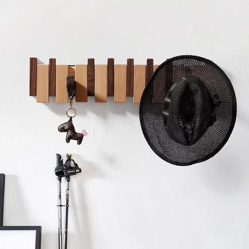 Perchero de pared de madera de nogal y haya con ganchos abatibles estilo piano, 4, 6 u 8 ganchos, 32 a 55 cm, hecho a ma