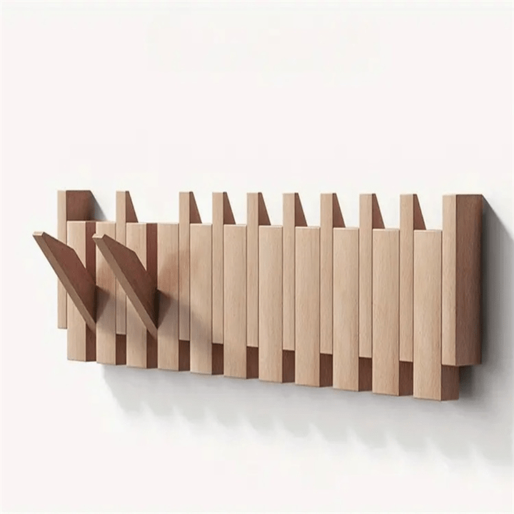 Perchero de pared de madera de nogal y haya con ganchos abatibles estilo piano, 4, 6 u 8 ganchos, 32 a 55 cm, hecho a ma