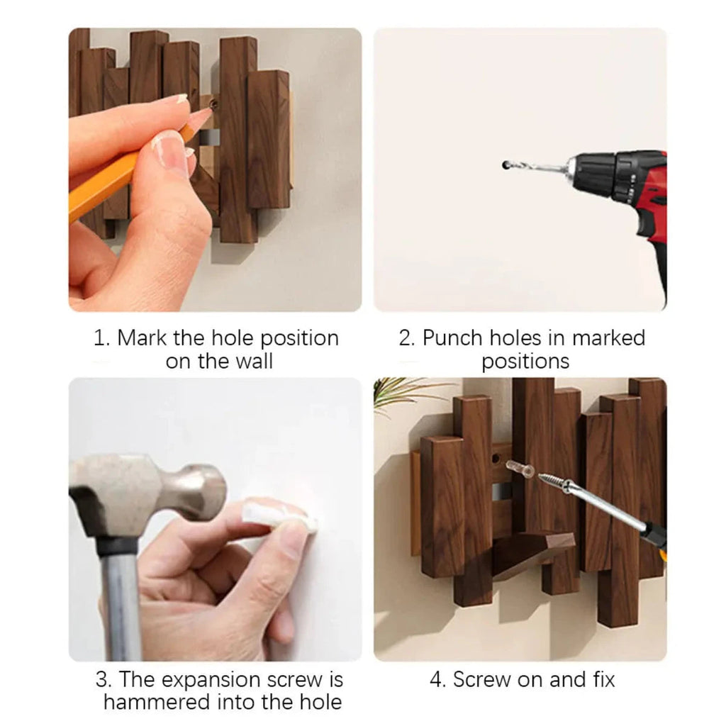 Perchero de pared Piano en madera de nogal o haya con ganchos para chaquetas, bolsos y sombreros