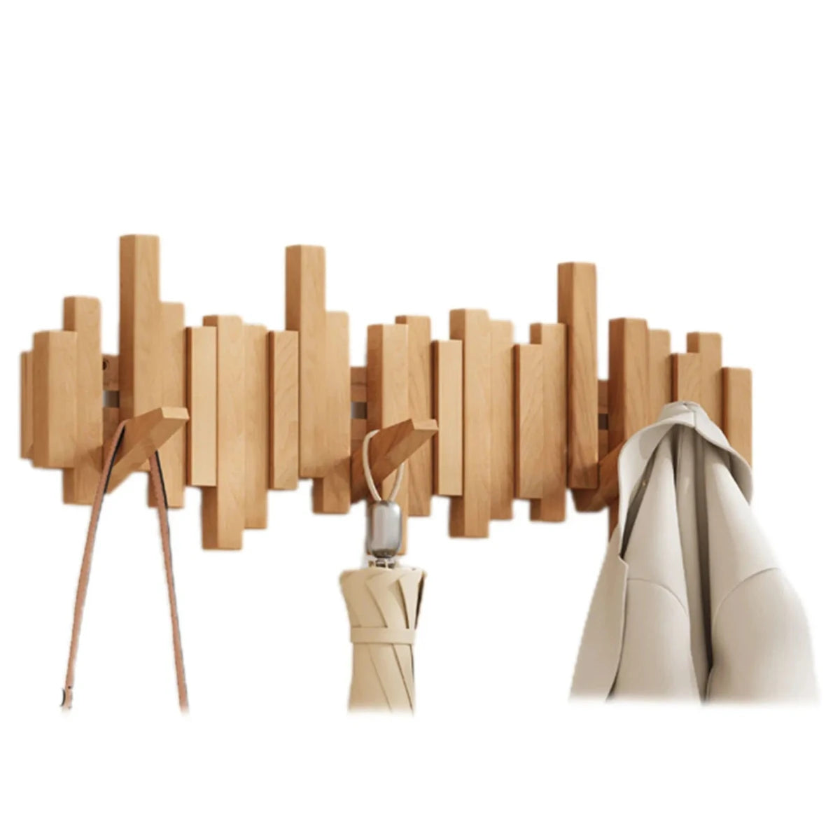 Perchero de pared Piano en madera de nogal o haya con ganchos para chaquetas, bolsos y sombreros