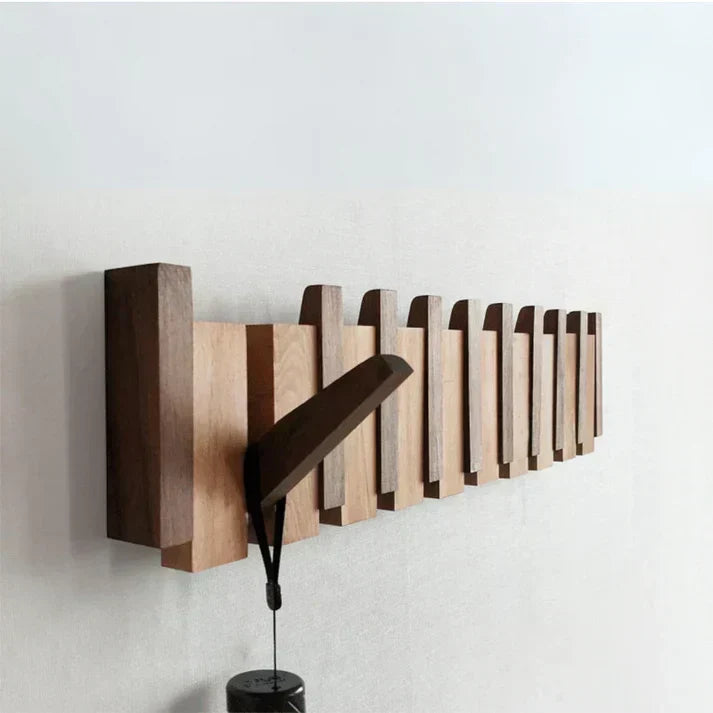 Perchero de pared con diseño de teclas de piano, ganchos abatibles de madera de nogal o haya, 4, 6 u 8 ganchos, fijacion